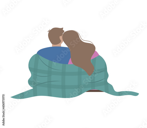 The couple is sitting in a blanket. The girl put her head on the guy's shoulder.