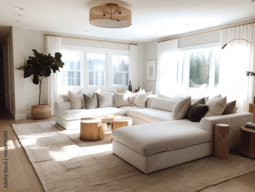 Minimal white modern living room with modern comfortable furniture. Generative AI Minimal white modern living room with modern comfortable furniture. Generative AI