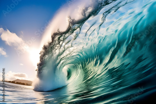 Sun shining through breaking wave clear ocean surf spray