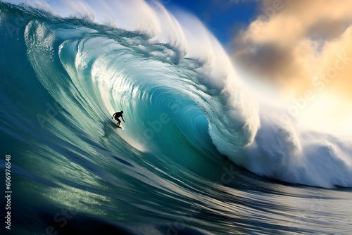 Surfer surfing large breaking ocean wave © sam