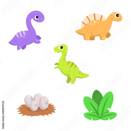 Cute isolated dinosaur set. Triceratops, brontosaurus, tyrannosaurus, egg, tropical leaf. Vector decoration for children cute dino illustration