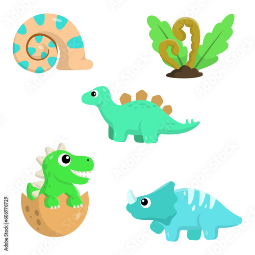 Cute isolated dinosaur set. Triceratops  brontosaurus  tyrannosaurus  egg  tropical leaf. Vector decoration for children cute dino illustration