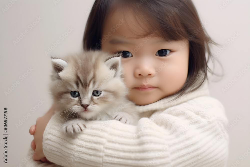 Young child with kitten studio shot portrait Young child with kitten studio shot portrait