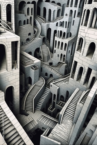 Abstract complex optical illusion background with staircases and buildings
