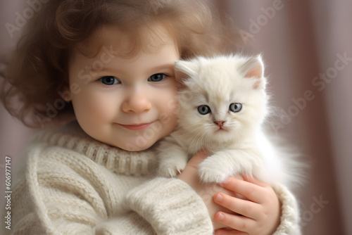 Young girl with fluffy white kitten studio shot portrait