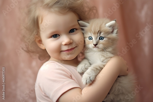 Young girl with kitten studio shot portrait