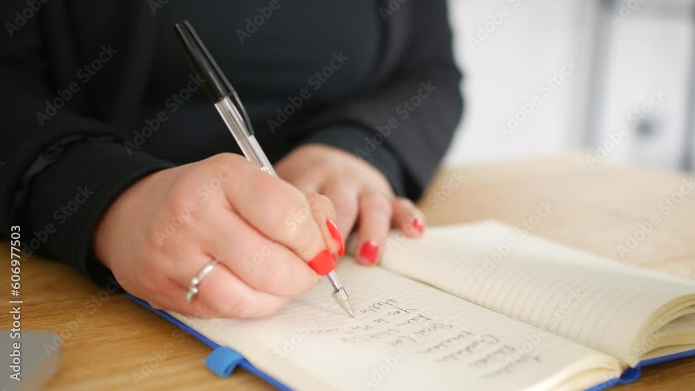 A woman with red nails writing with a pen in a notebook A woman with red nails writing with a pen in a notebook