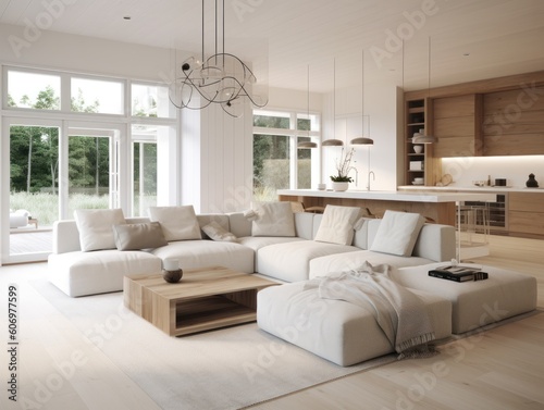 Minimal white modern living room with modern comfortable furniture. Generative AI