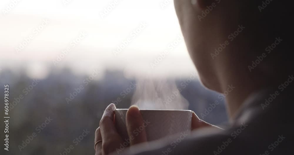 Morning, thinking or woman with coffee by window for reflection, calm or thoughtful at home mockup. Apartment, relaxing or back of female person with caffeine, cappuccino and beverage looking at view