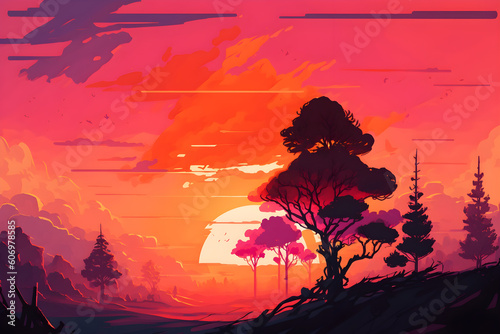 bright summer sunset with orange and pink hues in a forest, Generative AI