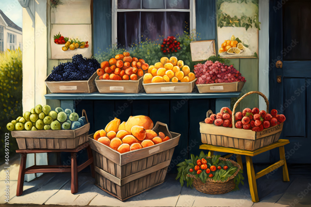 summer fruit stand with baskets of fresh fruits and vegetables, Generative AI summer fruit stand with baskets of fresh fruits and vegetables, Generative AI