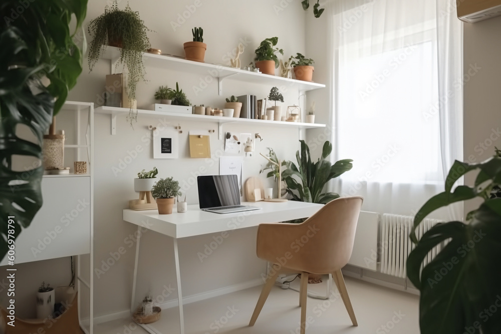 Generative AI. Work from home: cozy empty workplace for freelancer with computer, wireless keyboard and mouse on loft wooden table. Comfortable home office interior with green houseplants