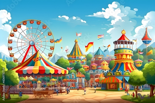 bright summer carnival with carousel, colorful tents and ferris wheel, Generative AI