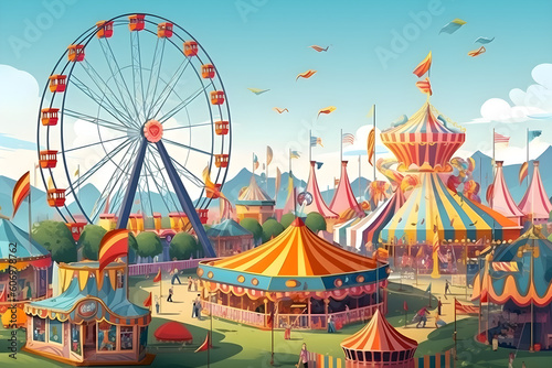 illustration of summer carnival with colorful tents, bright carousel and ferris wheel, Generative AI