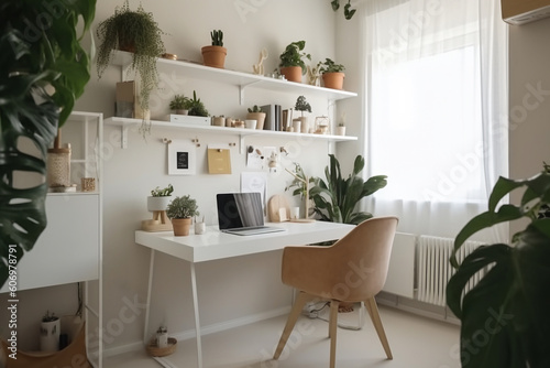 Generative AI. Work from home  cozy empty workplace for freelancer with computer  wireless keyboard and mouse on loft wooden table. Comfortable home office interior with green houseplants