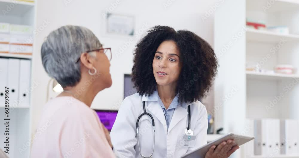 Senior woman, doctor tablet and medical consulting in hospital office with communication and results. Elderly patient, health worker and support from consultation service in a clinic with technology Senior woman, doctor tablet and medical consulting in hospital office with communication and results. Elderly patient, health worker and support from consultation service in a clinic with technology