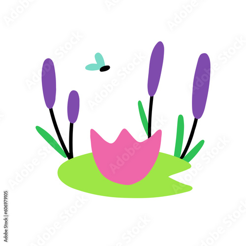 Pink lily in the swamp. Reeds. A fly. Vector children's naive hand-drawn illustration. Isolated on a white background.