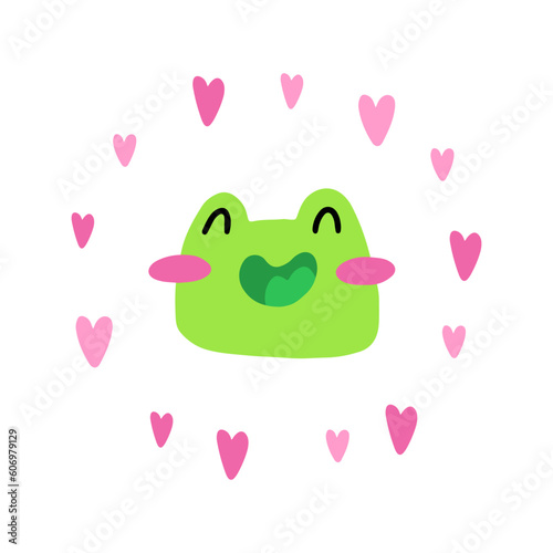 Funny cute frog and hearts. Vector children s naive hand-drawn illustration. Isolated on a white background.