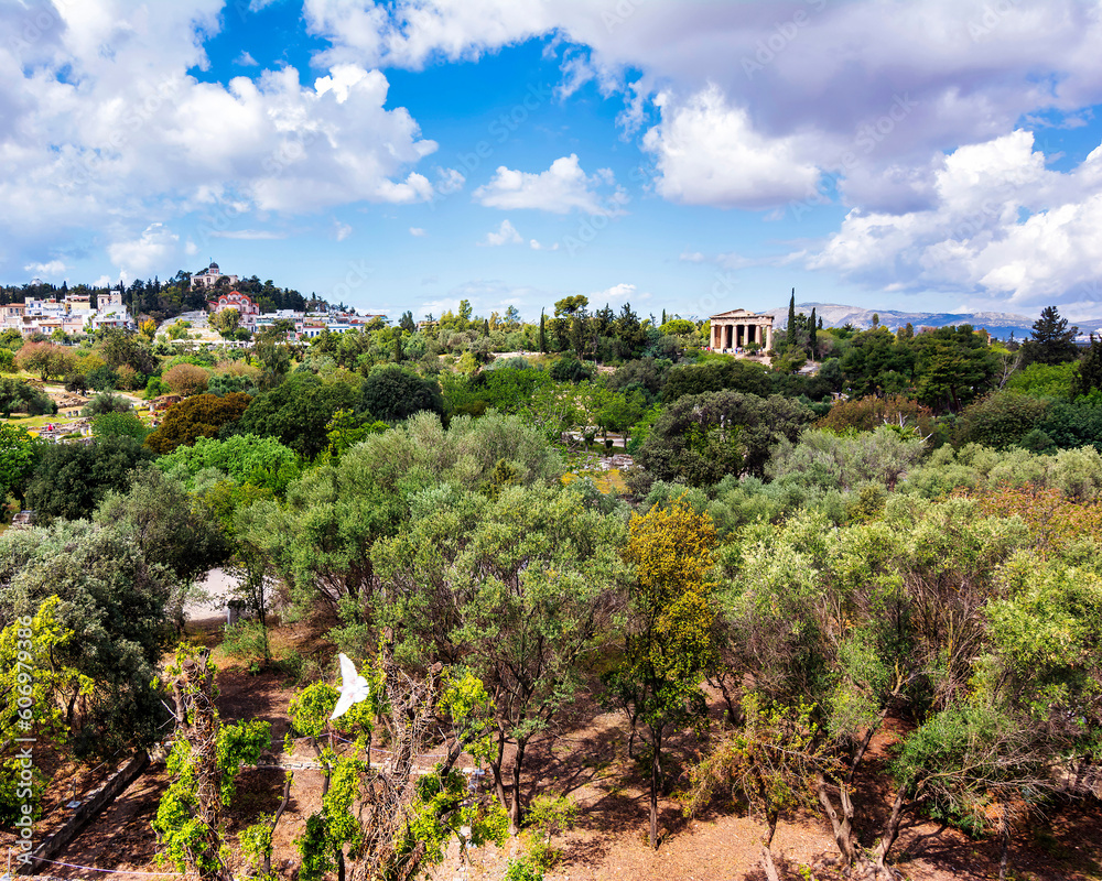 Remote view of the temple of Hephaestus in Ancient Agora, Athens, Greece