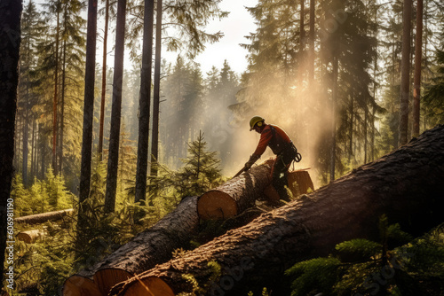 woodcutter with chainsaw, the logging timber wood industry, created with Generative AI Technology