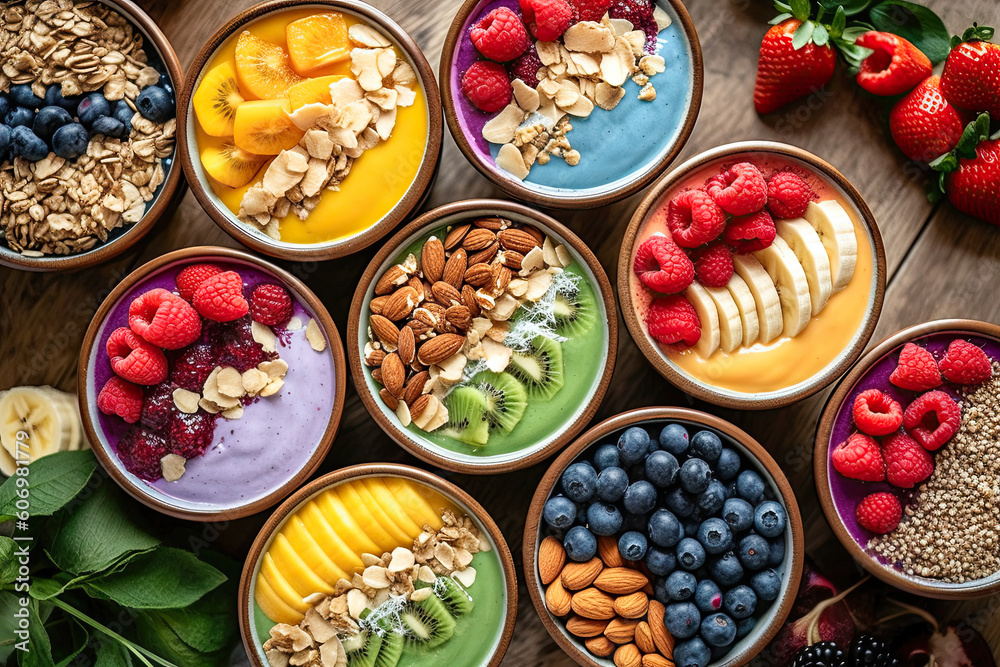 Bowls with fruit and muesli created with Generative AI technology Bowls with fruit and muesli created with Generative AI technology