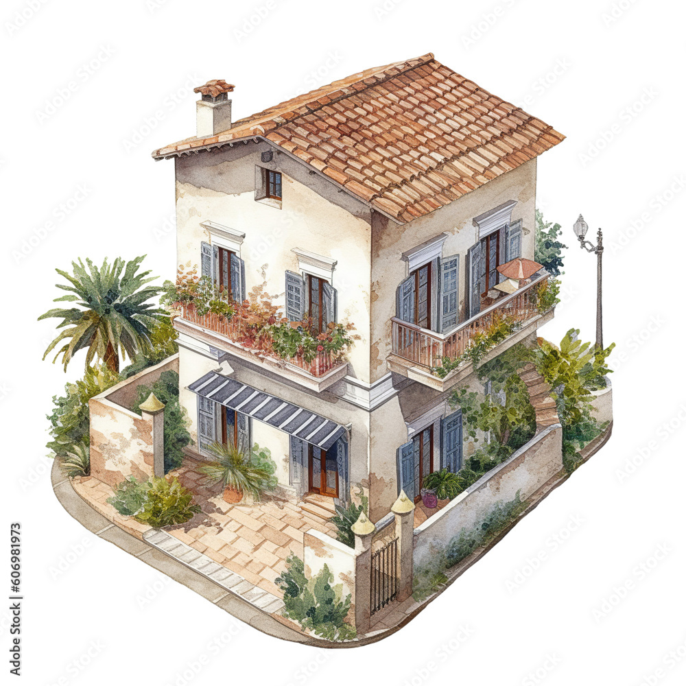 Spanish house with plants clipart, watercolor, isolated on white or ...