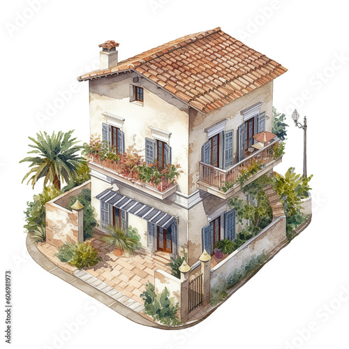 Spanish house with plants clipart, watercolor, isolated on white or transparent background. Generative AI © RisingSun