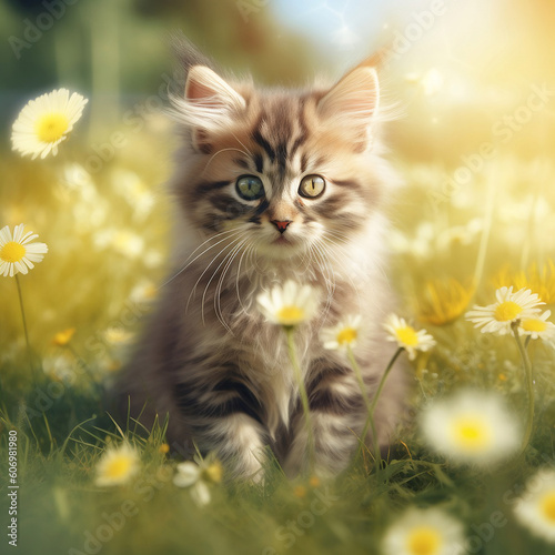Fluffy kitten sits in the garden on the grass around the flowers chamomile, generated by AI
