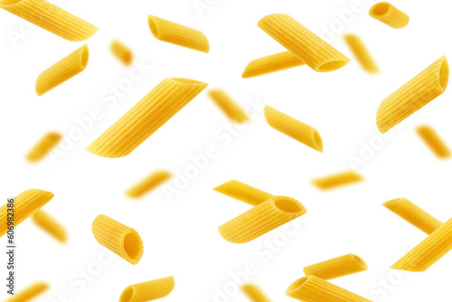 Falling raw Penne Rigate, uncooked Italian Pasta, isolated on white background, full depth of field