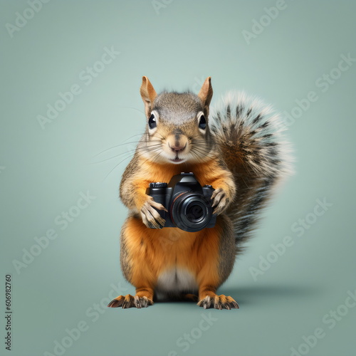 squirrel holding miniature slr camera isolated on green gray pink studio background, made with generative ai