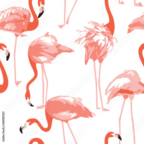 Seamless pattern with flamingo in different poses on the neutral background. Red flamingo.