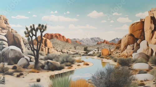 desert landscape river with joshua trees and cacti in faded aesthetic vibe made with generative ai