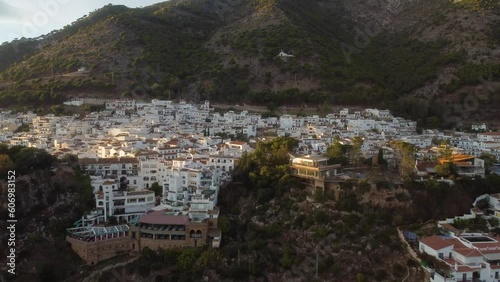Tropical white exotic town of Mijas in Spain, aerial drone view