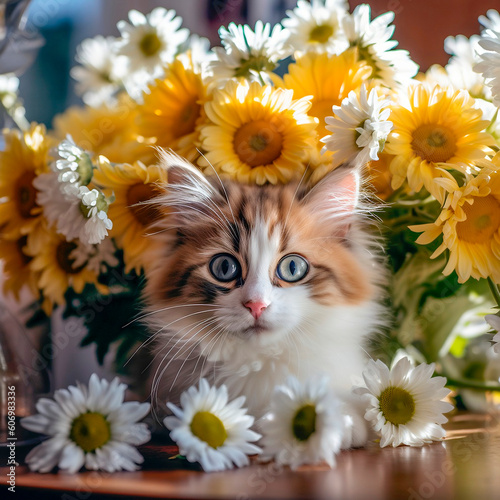 cute cat sits on the table surrounded by a bouquet of chamomile flowers, generated by AI.