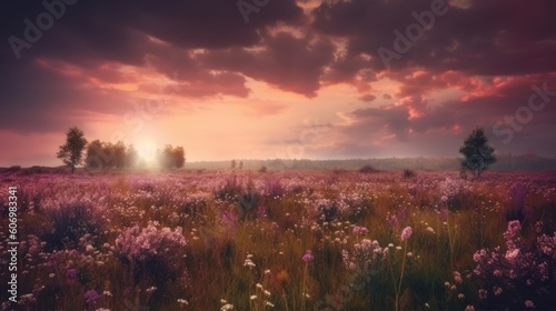 Pink flower filed with beautiful pink sky. Generative AI