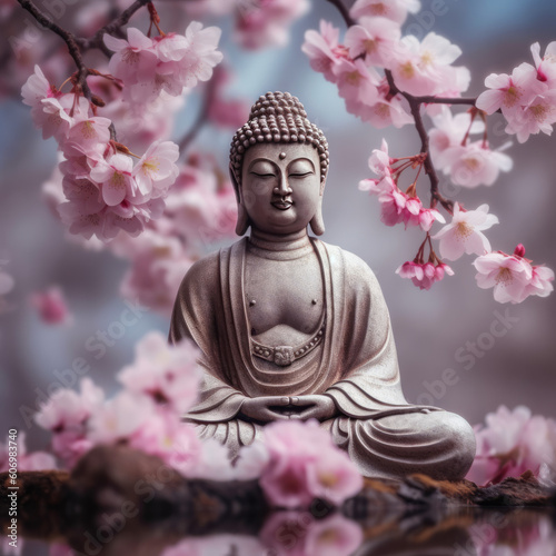 Buddha statue and cherry blossom. Generative AI