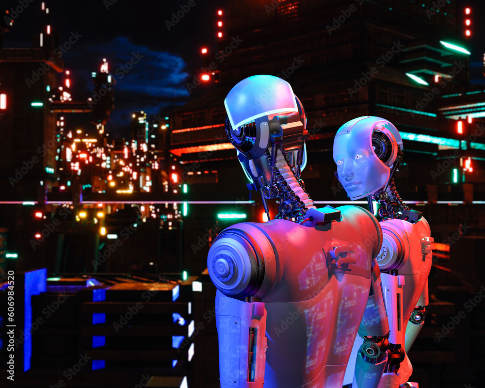 Female and male robots. They are looking at each other in the city night lights background Female and male robots. They are looking at each other in the city night lights background