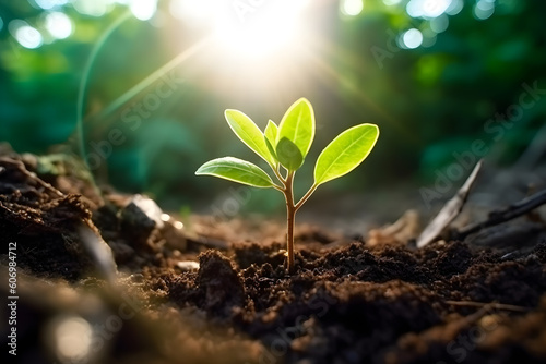 Young Plant growing under bright morning sunlight, organic, sustainability, environment, ecosystem, earth day, development concept. Generative AI