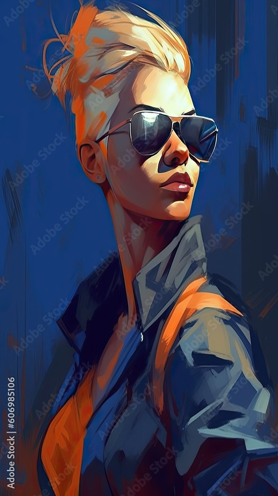 Beautiful girl in sunglasses, in the style of severe work with a palette knife, orange and indigo, precision art created with Generative AI technology Beautiful girl in sunglasses, in the style of severe work with a palette knife, orange and indigo, precision art created with Generative AI technology
