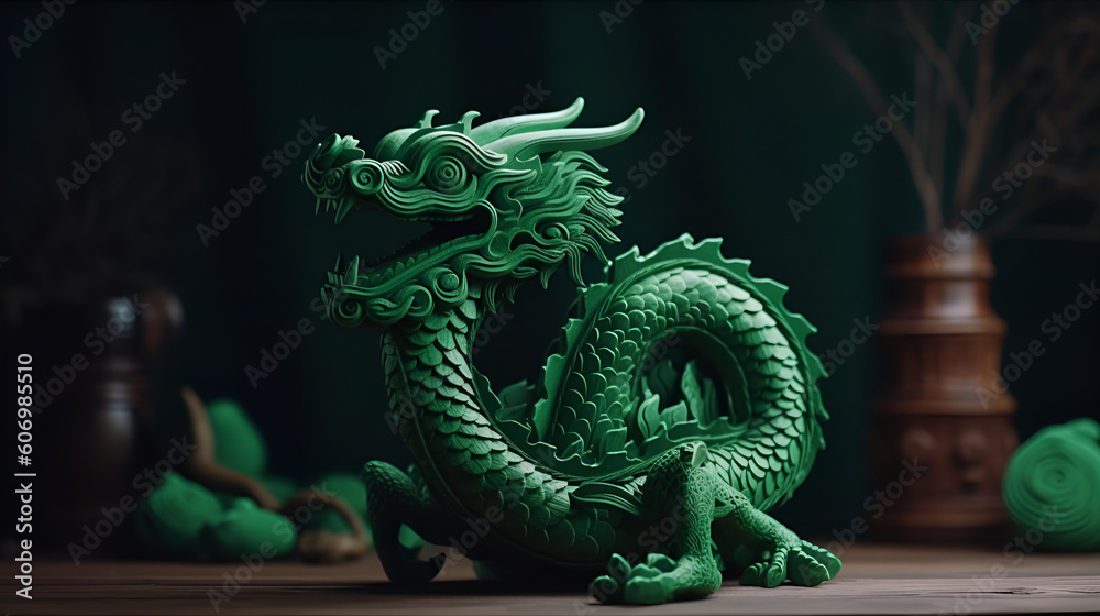 Obraz premium Traditional Chinese green dragon as a symbol of wealth, good luck. AI generated