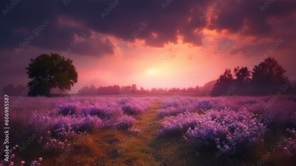 Pink flower filed with beautiful pink sky. Generative AI Pink flower filed with beautiful pink sky. Generative AI