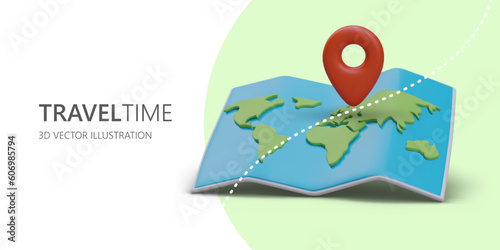 Time to go on trip. Embossed 3D world map in multiplicative style. Big red location marker. Advertising of modern vacations, trips. Horizontal banner on colored background with place for logo, slogan