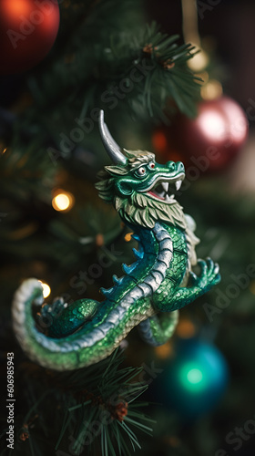Chinese green dragon on the background of the New Year holiday. Christmas tree toy. AI generated Generative AI
