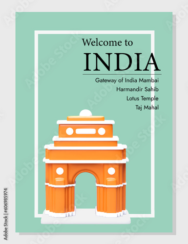 Welcome to India. Best examples of Arab and Persian culture. Card template with realistic India Gate. Full acquaintance with local architecture. Travel agency services