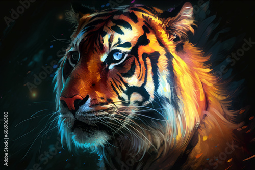 Image of a tiger head with beautiful bright colors on a dark background. Wildlife Animals. Illustration, generative AI. © yod67
