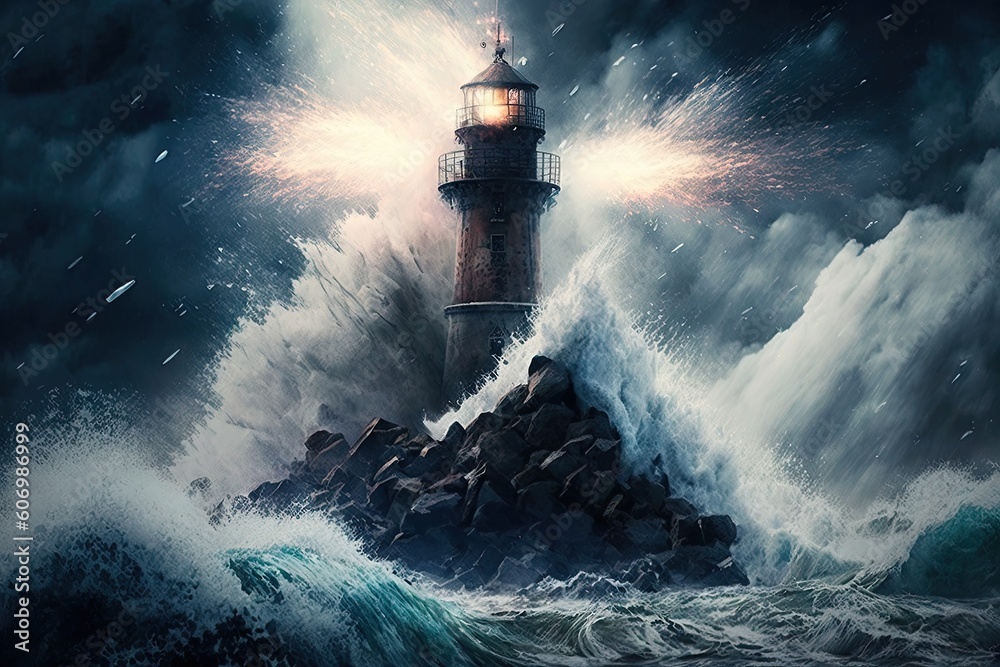 Stormy night in the sea with a lighthouse