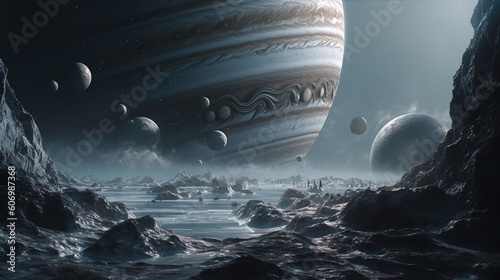 AI Illustration d'un paysage extraterrestre sur une planète inconnue avec lune semblable à Jupiter photo