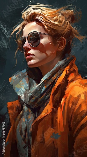 Beautiful girl in sunglasses, in the style of severe work with a palette knife, orange and indigo, precision art created with Generative AI technology
