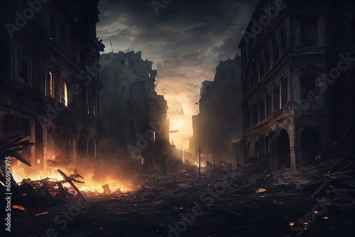 illustration AI de ville en ruine après une catastrophe, au crépuscule avec feu et flammes