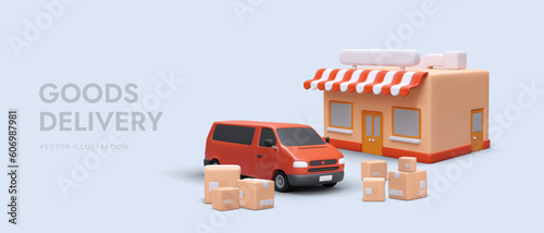Realistic 3d automobile parked near the store. Preparation for loading goods in car. Service order and fast delivery concept. Vector illustration in red colors with blue background